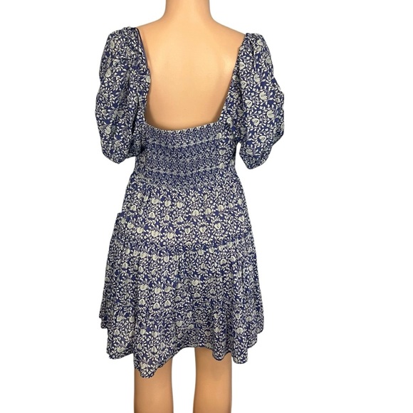 3/$30 🍂Zara Women Blue Floral A-Line Mini Dress Short Puff Sleeve Tassels Tiered - Picture 7 of 10